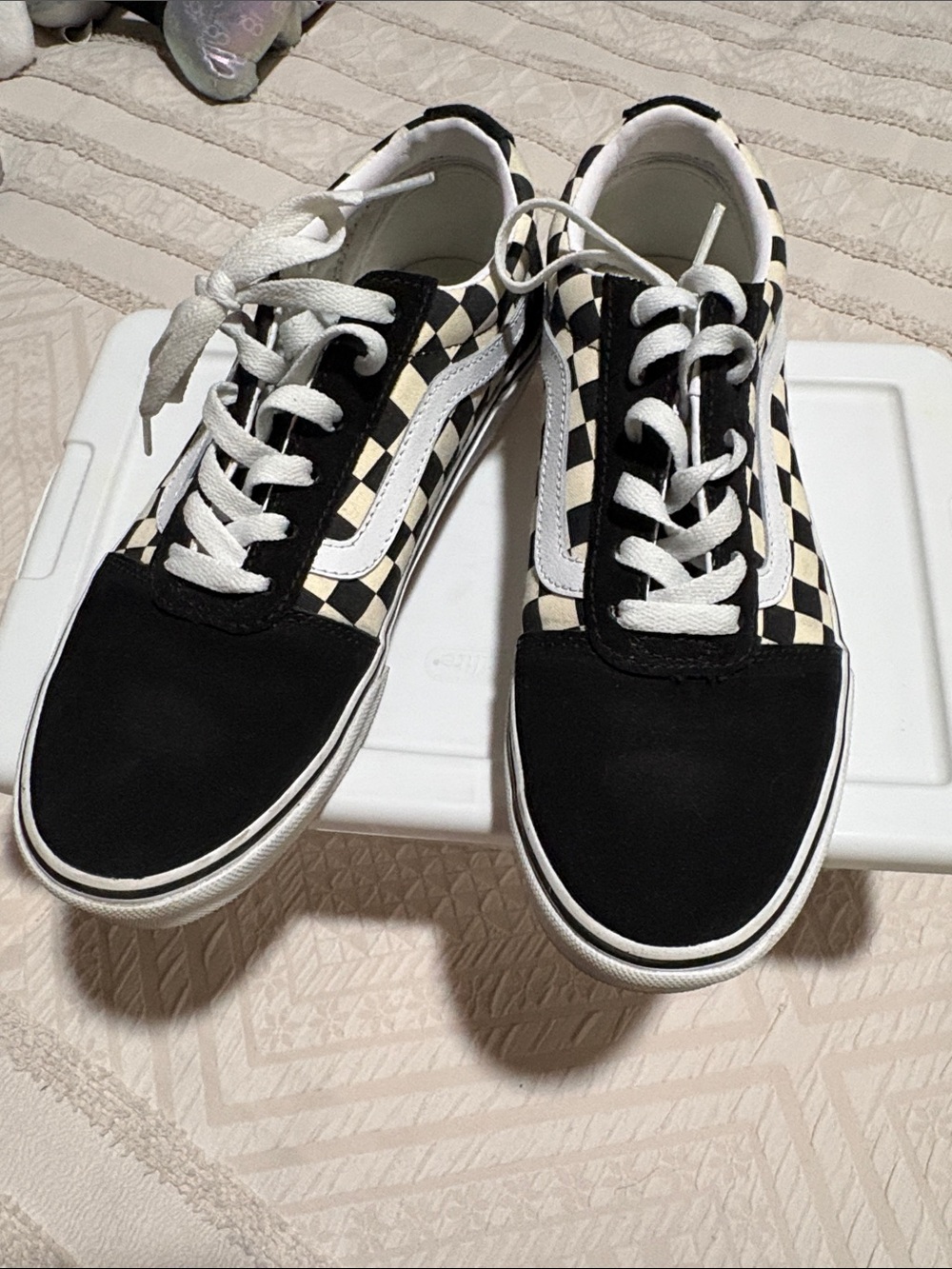 Vans Women’s Black and Cream Checkerboard Low-Top Sneakers